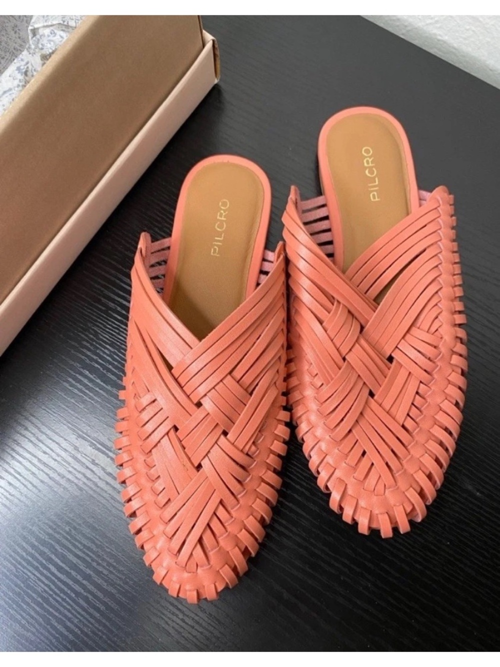 Pilcro Woven Leather Slip-On Mule in Coral Pink